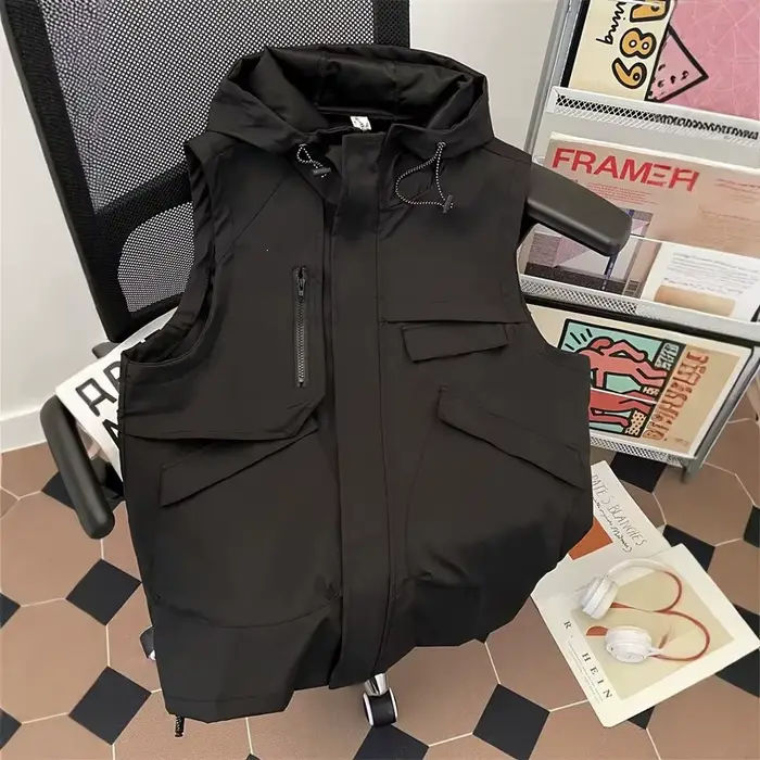 Gilet sans manches pour homme, veste d'été à poches, veste de travail ample à capuche