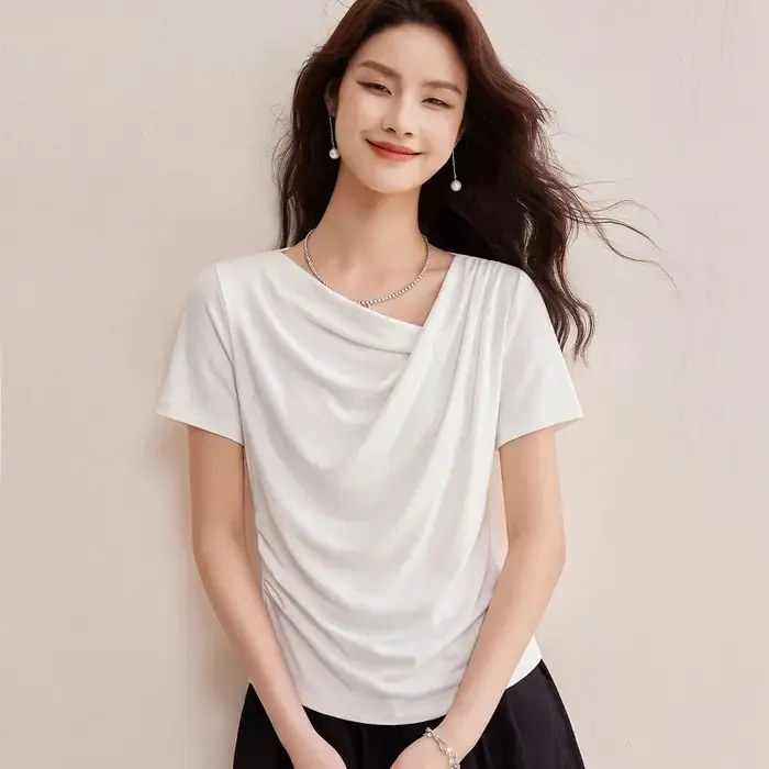 T-shirt en Lyocell pour femme, col drapé, froncé sur les côtés, coupe ajustée, uni, manches courtes, élégant, décontracté, basique, pour l'été