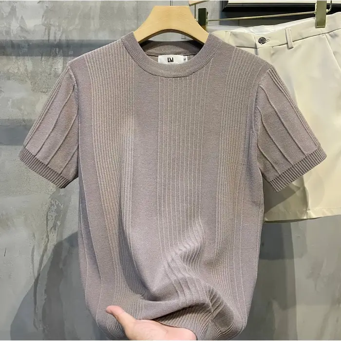 T-shirt à manches courtes pour homme, tricoté à rayures, style rétro, uni, de luxe, coupe ajustée, é