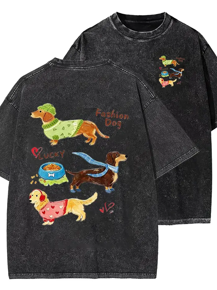 T-shirt délavé à motif Teckel pour femme