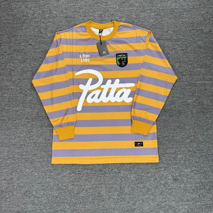 T-shirt à manches longues unisexe à col rond, motif tête de léopard brodé Patta, rayures noires et jaunes, style maillot de football ample