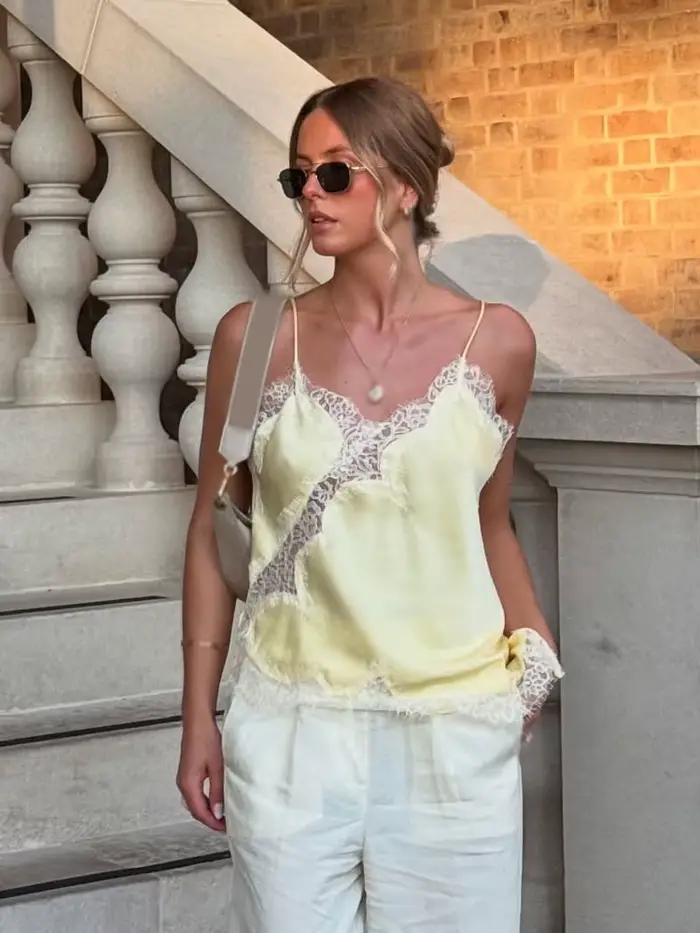 HH femmes été Sexy dentelle épissé hauts à bretelles femme mode col en v sans manches dos nu creux asymétrique ourlet haut