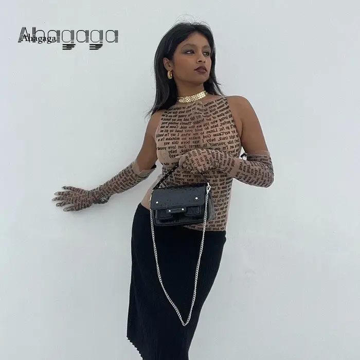 AHAgaga Sexy T-shirt femmes 2022 hiver décontracté lettre imprimer maigre voir à travers avec des gants chemises