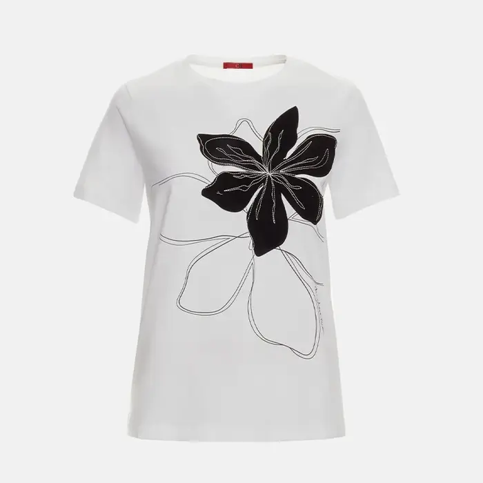 CH T-shirt blanc pour femme, imprimé floral, manches courtes, col rond, décontracté, en coton, pour 