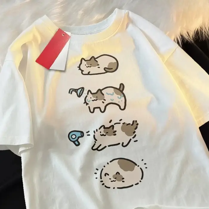 Bain chat mignon dessin animé T-shirt à manches courtes pour les femmes décontracté ample été respirant sèche-cheveux