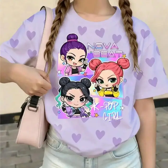 T-shirt graphique K-Pop pour filles - Motif cœur violet imprimé Nova Beat Chibi, tee-shirt décontracté pour enfants