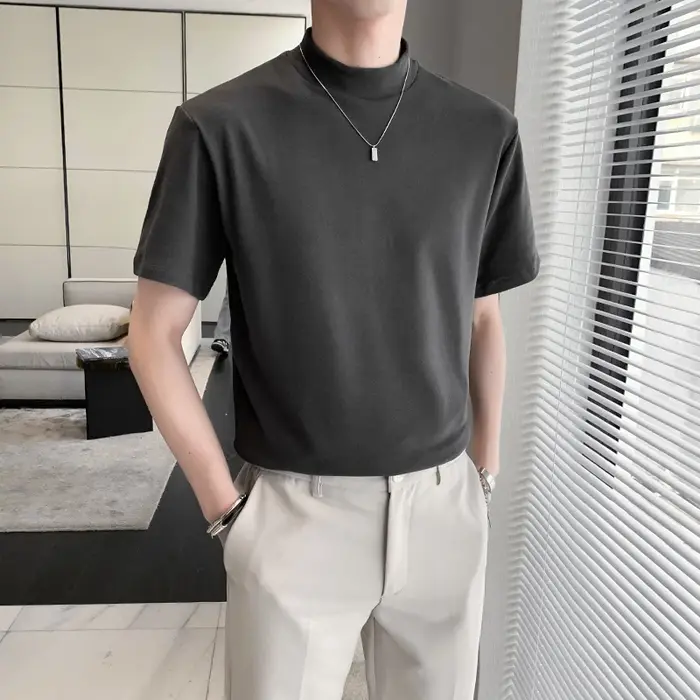 T-shirt à col roulé monochrome pour hommes, coupe couvertes, décontracté, manches courtes, col haut, vêtements confortables, 7 couleurs, tout match