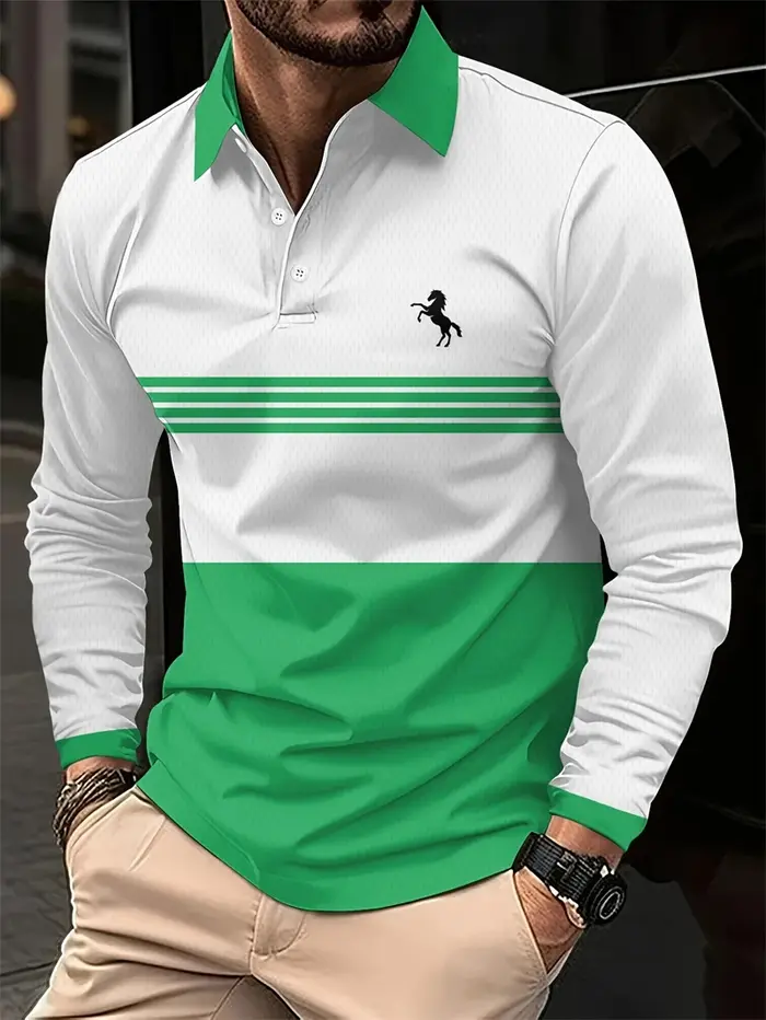 Chemises polo à motif de cheval en couleur contrastée pour hommes Mode d'été Manches longues Chemise