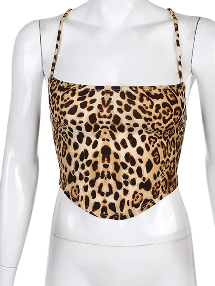 Débardeur à motif léopard pour femmes, dos nu, Sexy, tenues Rave, sans manches, croisé, à lacets, Br