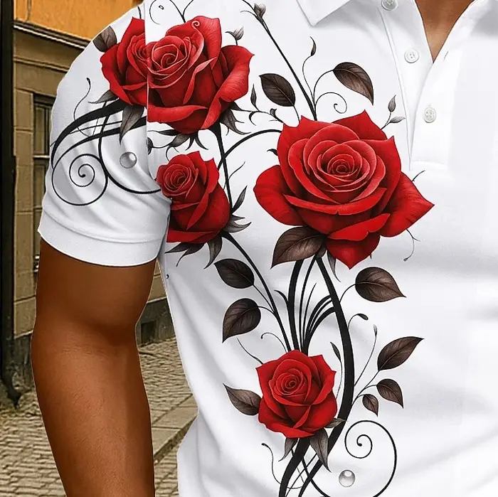 Polo élégant pour homme à motif floral de roses rouges