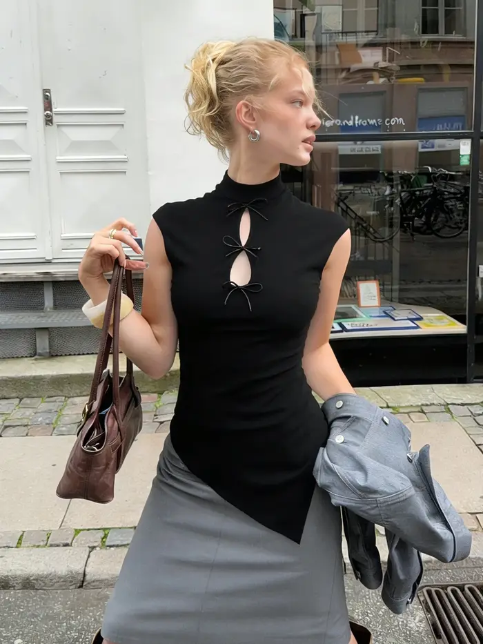 Haut Y2K sexy et décontracté pour femme, col montant, découpes, nœud, coupe ajustée irrégulière, cou