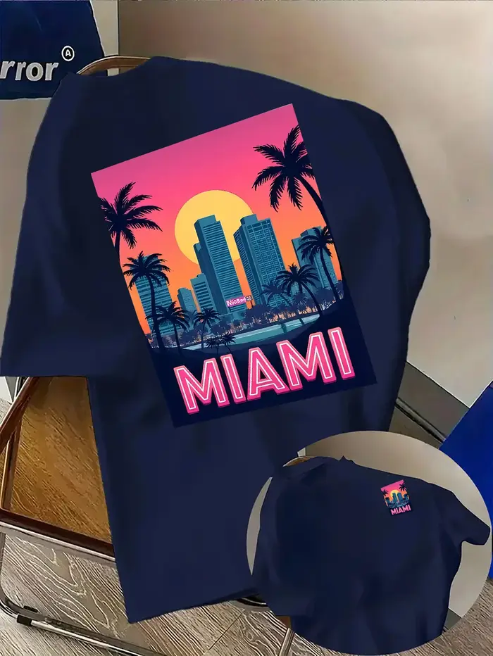 T-shirt pour homme en coton 100% doux de qualité supérieure avec impression du coucher de soleil de Miami