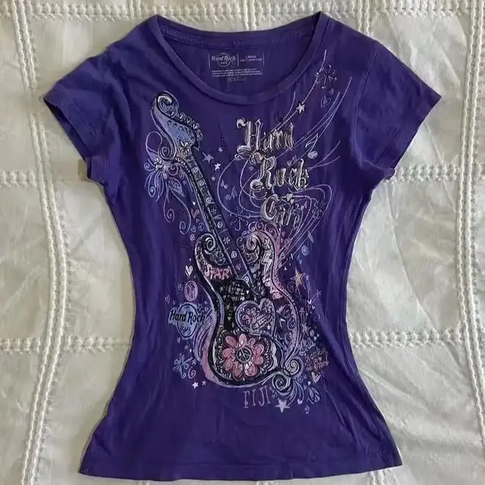 Femmes sous-culture Vintage violet imprimé T-Shirt été Y2k américain rétro mince t-shirts décontracté Harajuku Grunge