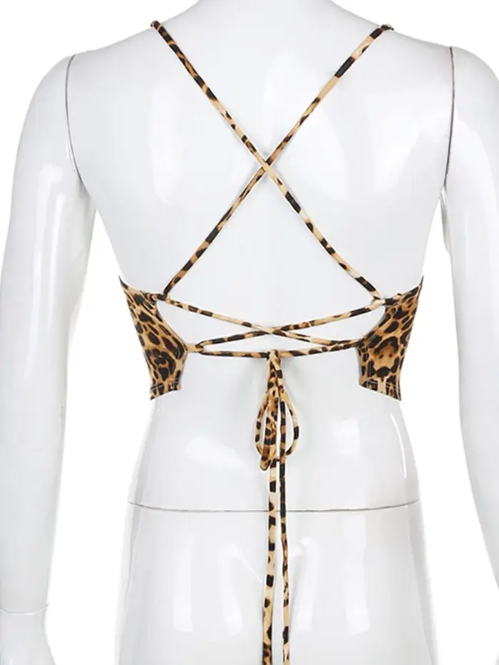 Débardeur à motif léopard pour femmes, dos nu, Sexy, tenues Rave, sans manches, croisé, à lacets, Br
