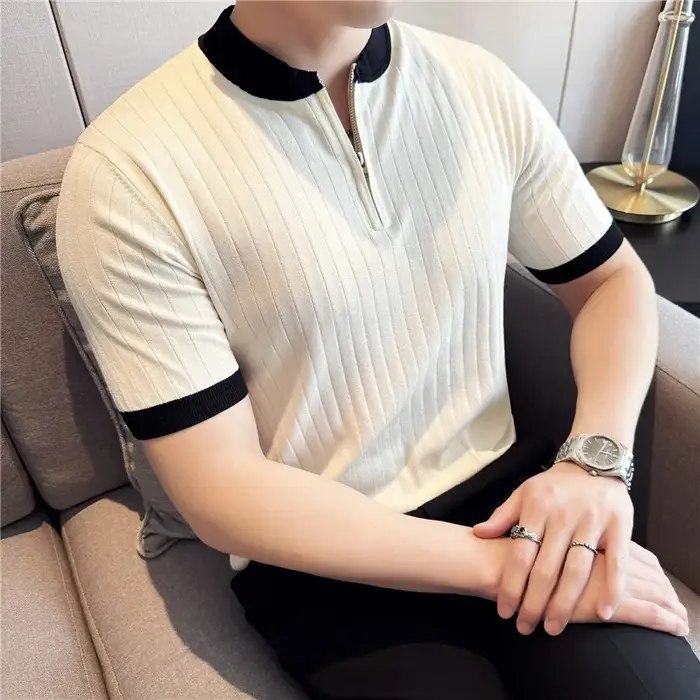 Hommes tricoté Polo Style britannique été léger mince à manches courtes usage quotidien haut t-shirt