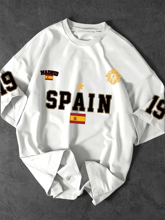 T-shirt oversize pour homme, Espagne 19, avec motif drapeau de Madrid et couronne, manches courtes, 