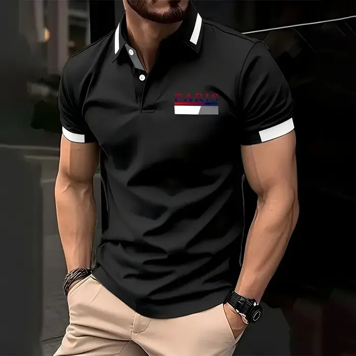 Polo à manches courtes imprimé parisien pour hommes, style décontracté, chemise à revers multifoncti