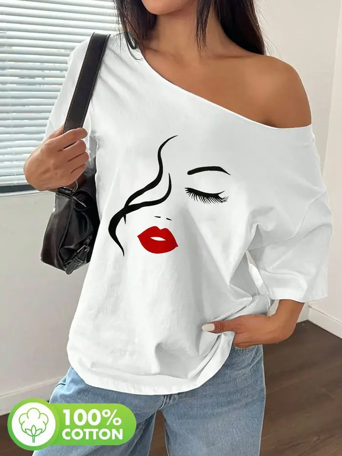 Plus Size Women's Abstract Art Face Print T-Shirt