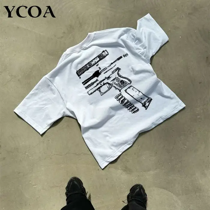 Hommes T-Shirt en GLOCK WE TRUST graphique coton surdimensionné Vintage Harajuku manches courtes hauts t-shirts esthétique Y2k Streetwear vêtements