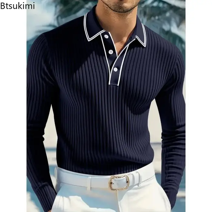 Nouveau Polo Tricoté à Manches Longues pour Homme