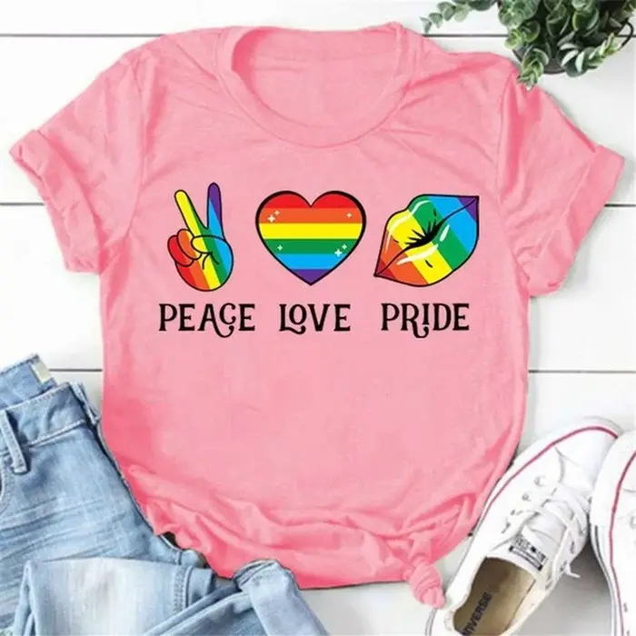 T-shirt manches courtes col rond femme, Peace Love Pride, coloré, imprimé