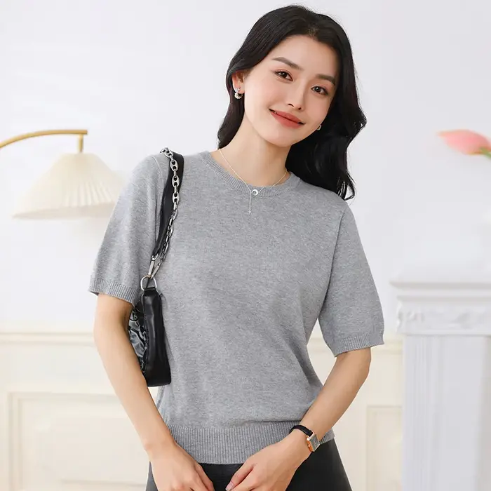 T-shirt d'été 100 % pur coton pour femme, décontracté, uni, tricoté, à manches courtes, col rond, co