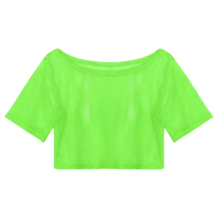 Femmes 80s Disco néon résille t-shirts hauts à manches courtes évider maille haut court Sexy Punk Camisole couverture Rave fête Clubwear