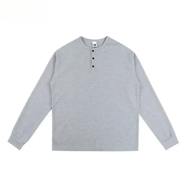 T-shirt à col Henry pour homme, manches longues, style gaufré, coupe américaine ample, polyvalent, r