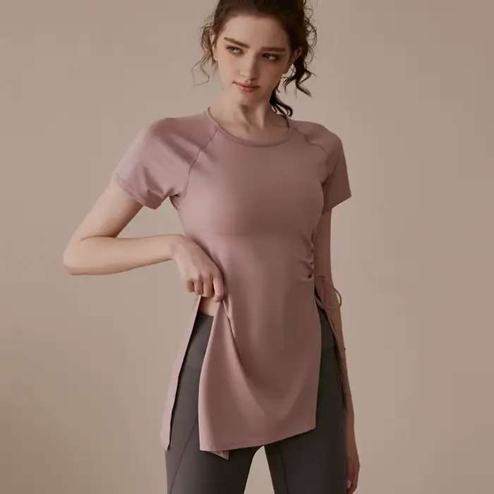 Femmes Yoga chemises manches courtes Sport T-Shirts respirant chemise de course Fitness côté cordon fendu haut