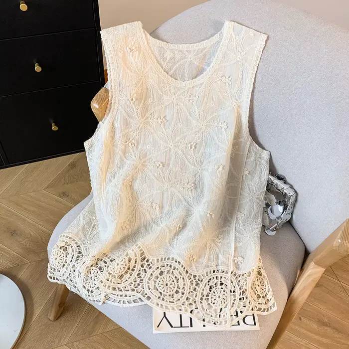 Débardeur en coton Jacquard brodé à col rond pour femmes, haut d'été sans manches, Beige et blanc av
