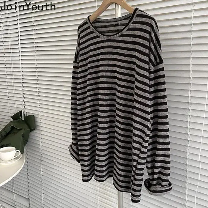 Chemises rayées pour femmes T-shirt surdimensionné 2025 Ropa Mujer manches longues col rond t-shirts haut décontracté