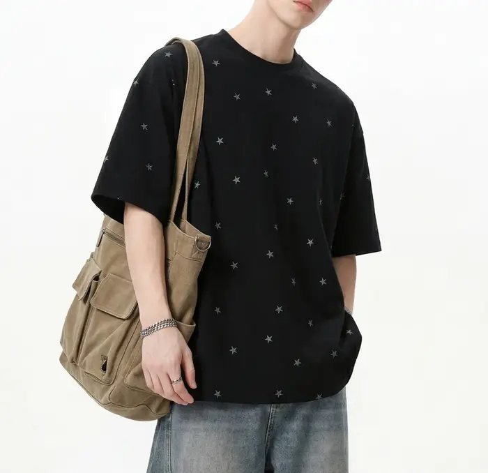 T-shirt Rétro à Manches Courtes Motif Étoiles 2026 – Nouvelle Collection Homme Été en Coton Pur Coupe Ample Décontractée