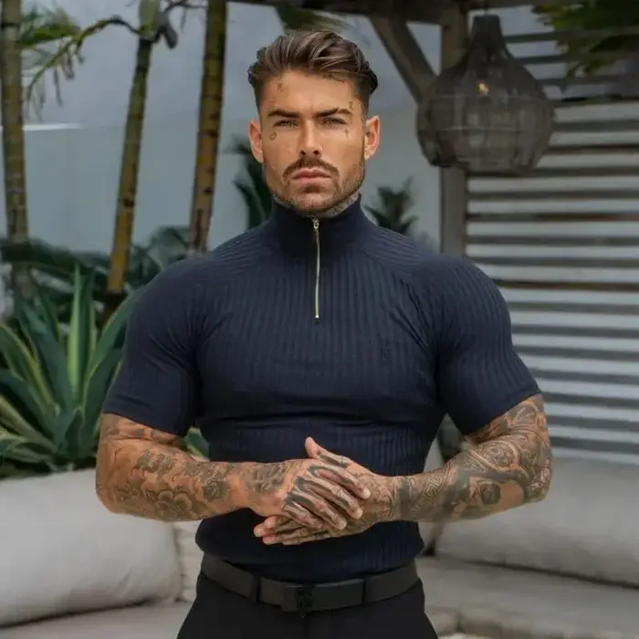 Polo élastique ajusté pour homme – T-shirt d'été tendance à col montant zippé, manches courtes, pour