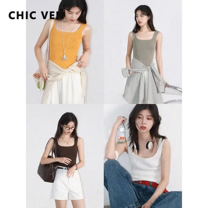 CHIC VEN femmes réservoirs solide ample décontracté nouveau col carré débardeur femme haut coupe ajustée pull Camis été 2025 vêtements