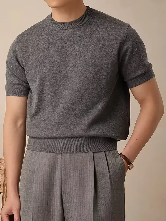 LVLAEA T-shirt en tricot pour hommes, vêtements de maison d'été, manches courtes à col rond de coule