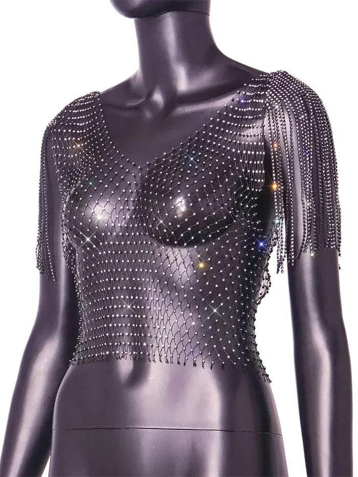 Crop top femme en résille à strass