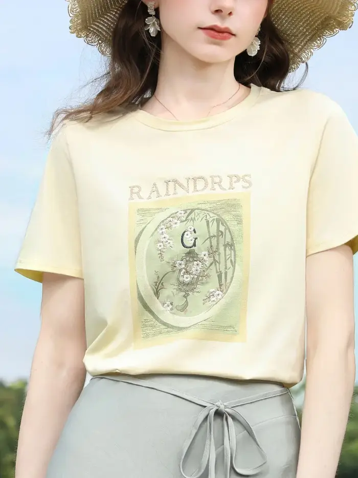 I BELIEVE YOU T-shirt à broderie florale jaune clair pour femme