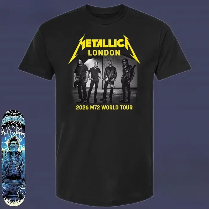 T-shirt Metallica M72 London 2026 avec les dates de la tournée mondiale des membres du groupe
