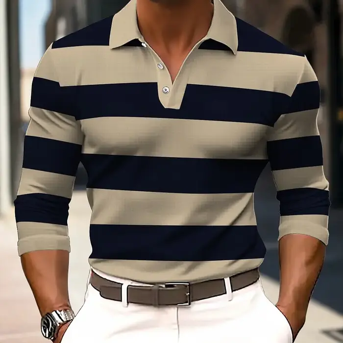 Polo de Rugby rayé à manches longues pour hommes, chemise à revers, sport décontracté, extérieur, bu