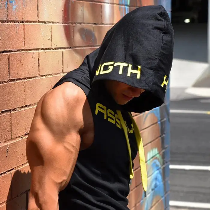 Hommes débardeurs vêtements de sport Fitness sweat à capuche sans manches gilets coton Singlets