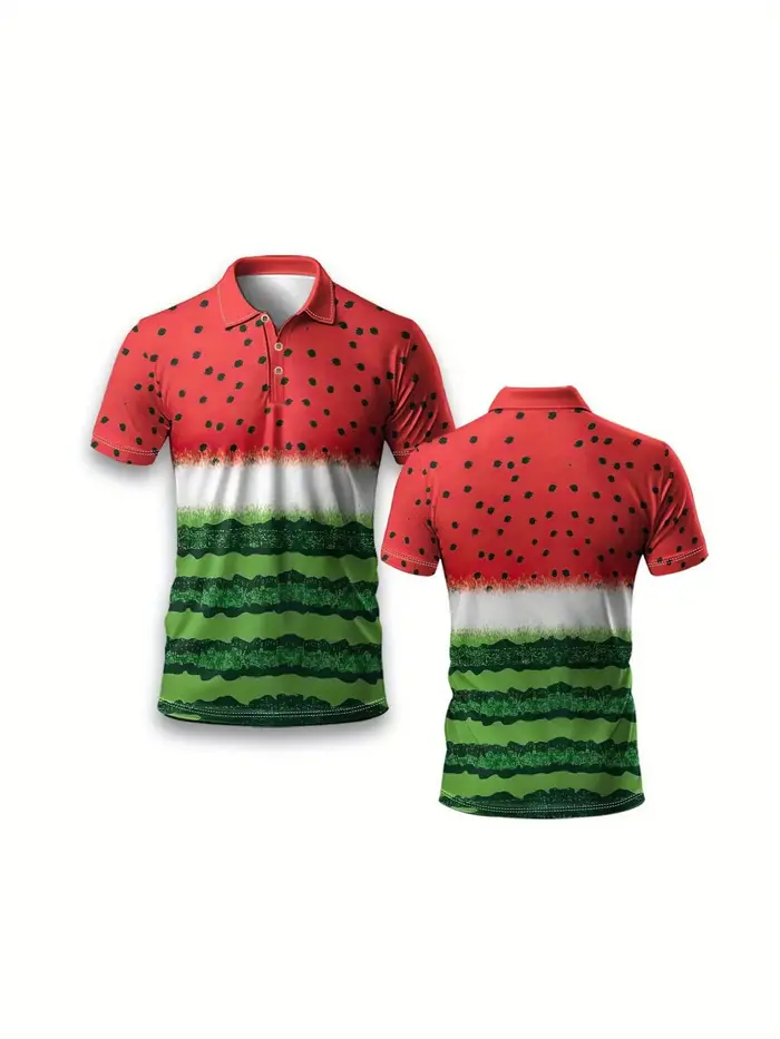 Nouveau style été 2026 : Polo homme à manches courtes avec imprimé pastèque 3D pour un look décontracté urbain