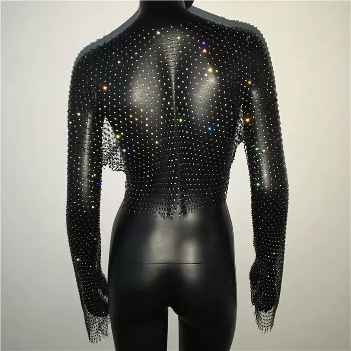 FestivalQueen femmes Sexy Bling évider résille grille t-shirt à manches longues en vrac femmes luxe 