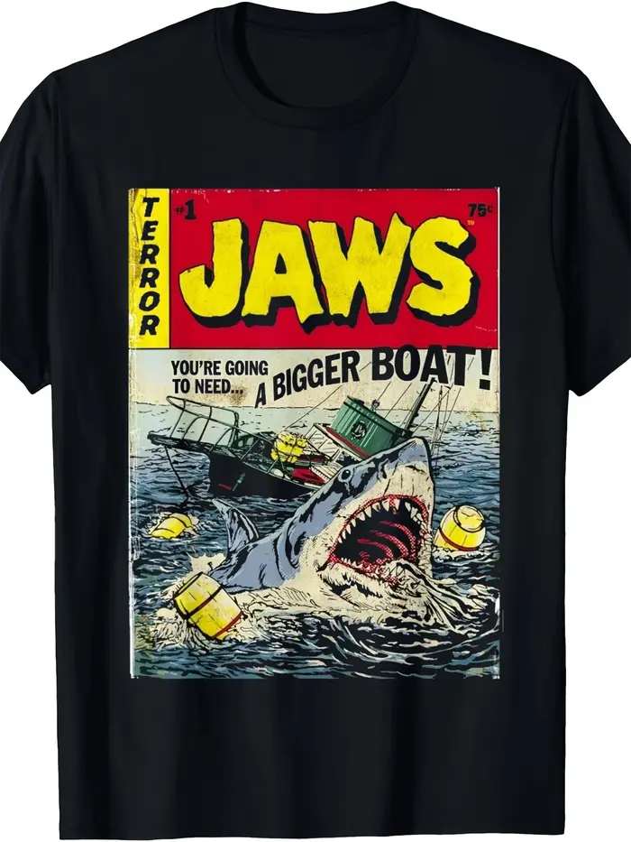 T-shirt Jaws 2026 Nouveau Film d'Horreur Graphique en Mélange de Coton Unisexe Homme Femme Coupe Oversize Vintage Années 70 Requin Streetwear Décontracté