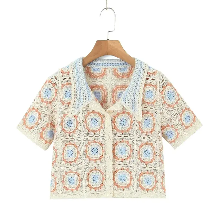 Vintage Crochet tricoté culture hauts Blouse chemises pour femmes décontracté à manches courtes évider chemise été Boho plage Plaid Blusas