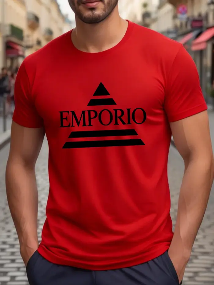 T-shirt blanc à col rond et manches courtes avec triangle noir et impression de lettres « EMPORIO »