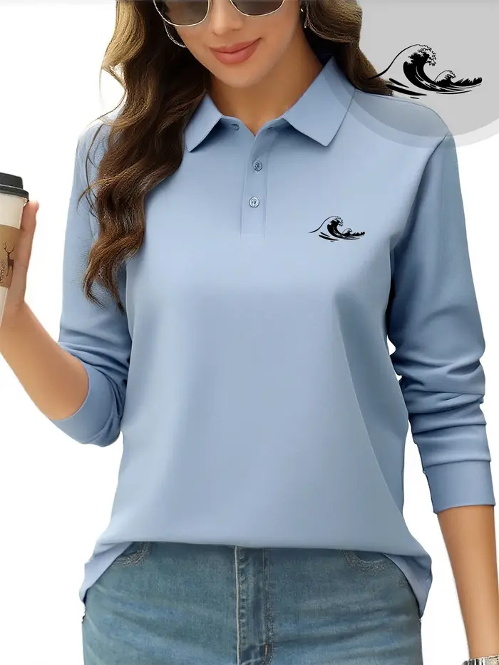 Polo imprimé vagues intéressantes pour femmes, T-Shirts respirants de printemps, hauts à manches lon