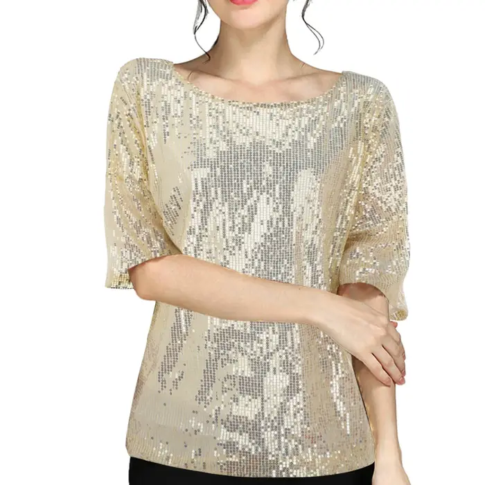 T-shirt pour femmes avec paillettes brillantes, col rond, manches courtes, pull-over, t-shirts scint