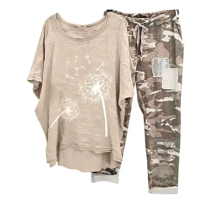 ChimWomen-Ensemble T-shirt et Pantalon pour Femme, Demi Manches, Tenue Deux Pièces Trempée, Grande T