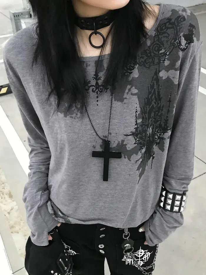 Genayooa gothique imprimé T-shirt femmes à manches longues décontracté Y2k Vintage Grunge hauts
