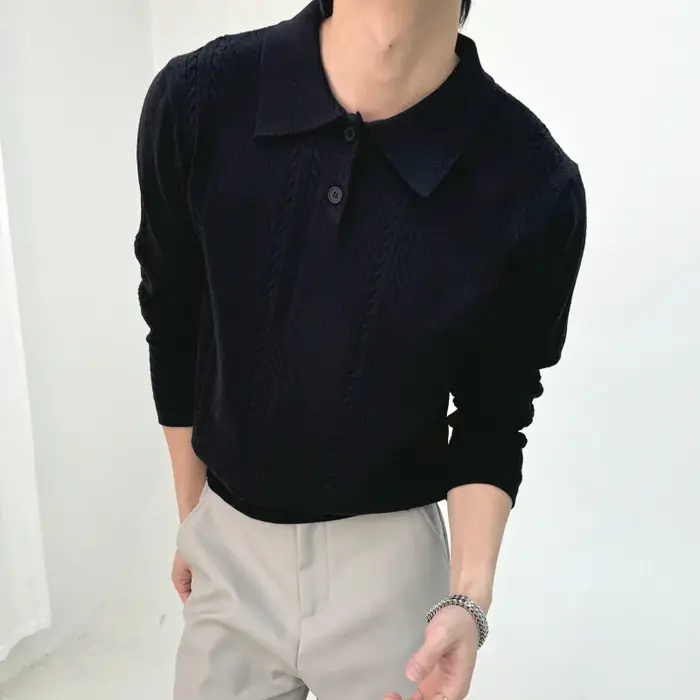 Polo en tricot jacquard pour homme, style rétro, manches longues, col à revers